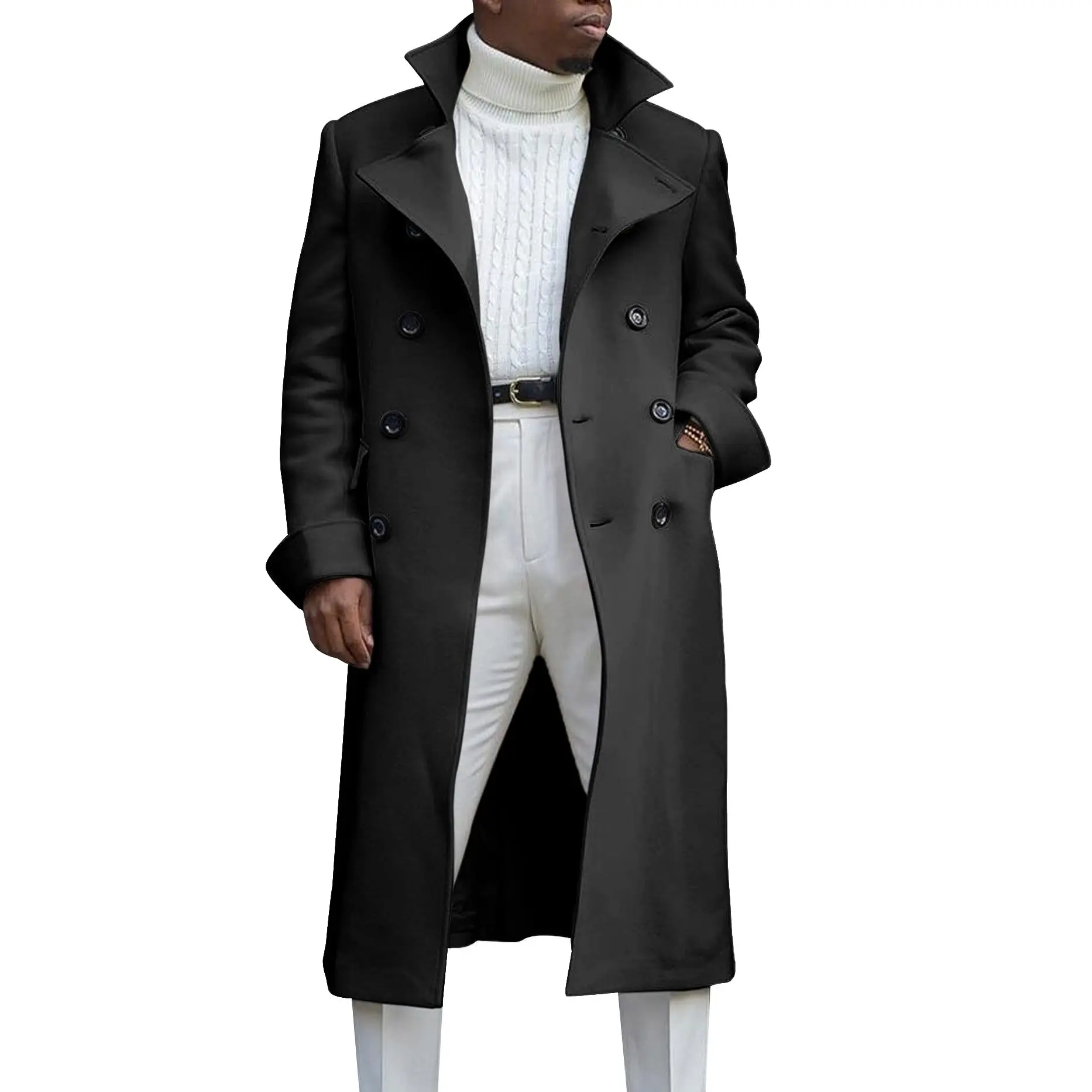 PASLTER Men's Notch Lapel Double Breasted Long Trench Coat Casual Cotton Blend Peacoat Overgarment Windbreaker Jackets