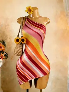 Women's Rainbow Striped Irregular Shoulder Cut Out Bodycon Dress, Boho Summer Dresses, Summer Beach Vacation Style, Casual Fashion for Women, Womenswear, Casual Summer Clothing