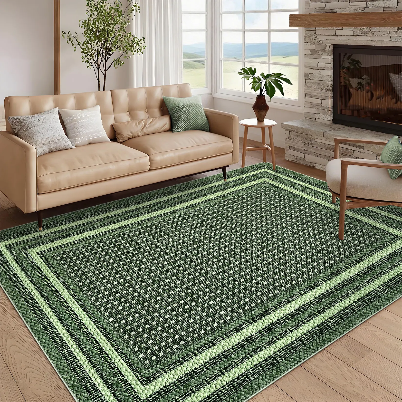 Printed Washable Foldable Modern Linen-Frame Carpet, All-Room Rug for Living Room Decor, Green