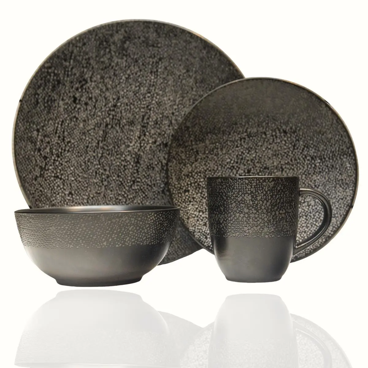 Red Vanilla HN140-016 Stylish Matrix Black Stoneware 16-Piece Everyday Combination Dinner Set - Round Plates, Bowls, 22oz Mugs, Oven-Safe Design, Combination Dinner Sets, Dishwasher Safe