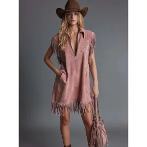 [0061] Women's Fringe Trim Half-Zip Mini Dress |     Sleeveless Western Dress with Pockets
