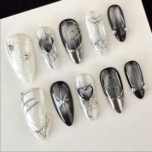 Black White Cat Eye Press On Nails 3D Silver Chrome Handmade Nail Art Gif For Her