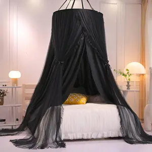 Double Layer Princess Round Dome Canopy Bed Curtain for Girls Adults, Children Dreamy Mosquito Net, Cute Bedroom Decoration Castle Play Tent Reading Nook Canopies (Dome-Double Black)
