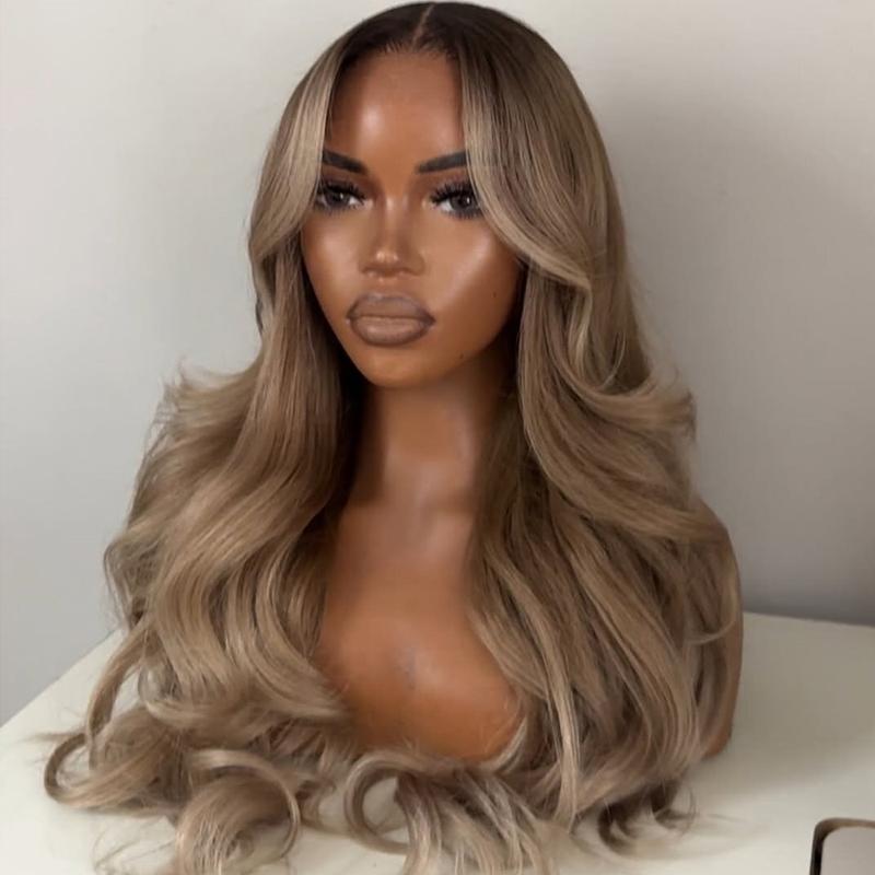 Ombre Grey Ash Blonde With Brown Roots Colored 13X6 Lace Frontal Wig Pre plucked Glueless For Black Girls Hd Transparent Lace Front Human Hair Wigs Natural Hairline Can Be Restyled Suit for Any Occasions