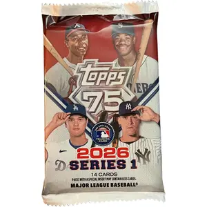 Topps 2026 Series 1 Baseball Exclusive Factory Sealed MEGA Foil Pack with 14 Mint Cards Celebrating Topps 75th Anniversary - Look for Autos, Relics, Parallels, Inserts, Rookies & More
