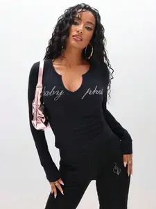 BABYPHAT Rhinestone Studded Long Sleeve Notch Neck Top With Statement Text Design For Fall Winter