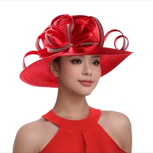 Elegant Red Satin Hat with Rhinestone Accents and Bow Detail for Special Occasions