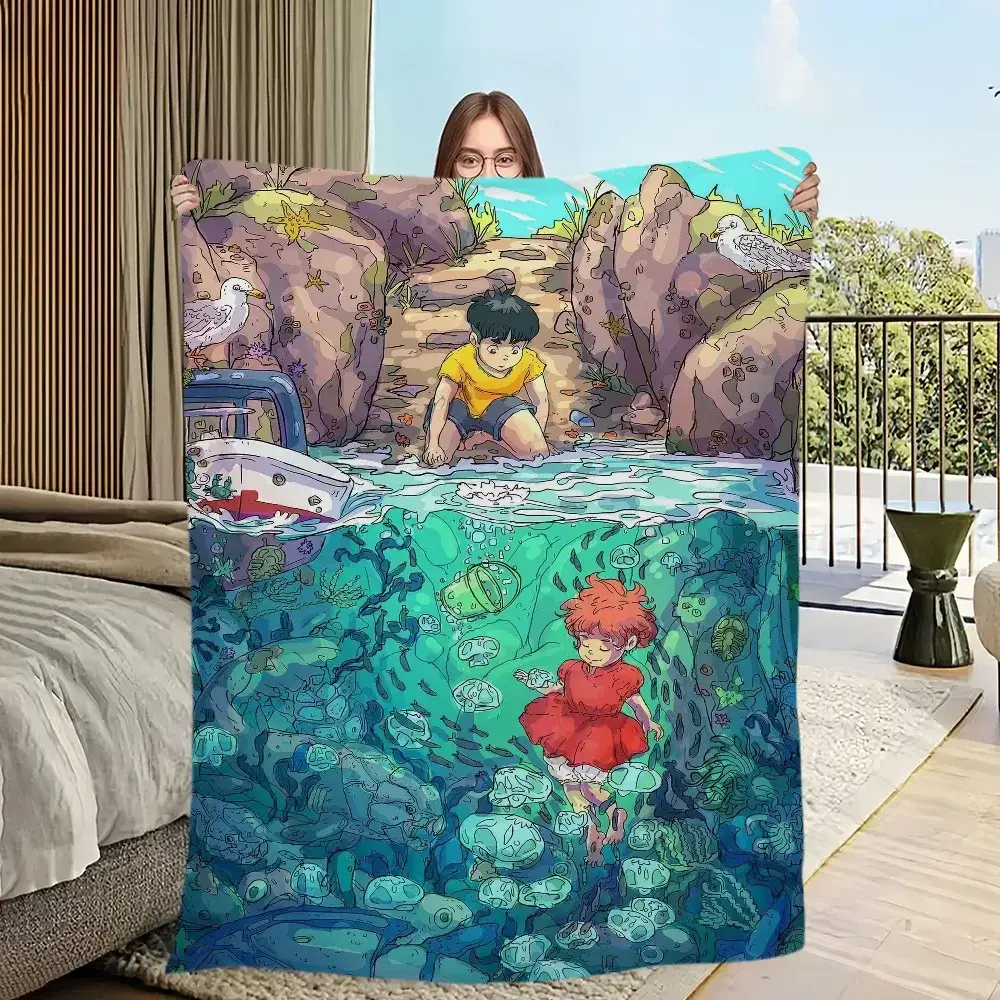 Ponyo Cartoon Printed Flannel Throw Blanket - Fuzzy Soft, Cozy, Warm Decorative Sofa Blanket for Bedroom, Travel, Giftable Home Textile, Cartoon Printed Blanket, Plush Cozy Bedding Blanket for Couch Bed Living Room Anime Fans