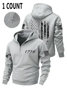 Men's American Flag Hooded Sweatshirt, Casual Fitted Design, Winter Wear, Polyester Fabric, Zipper Pocket Detail, Hoodie Sweatshirt
