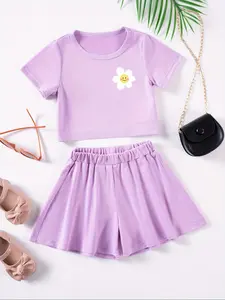 Two-piece Set Toddler Girl's Floral Print Short Sleeve Tee & Shorts, Casual Round Neck T-shirt & Wide Leg Shorts for Daily Wear, Kids Clothes for Summer