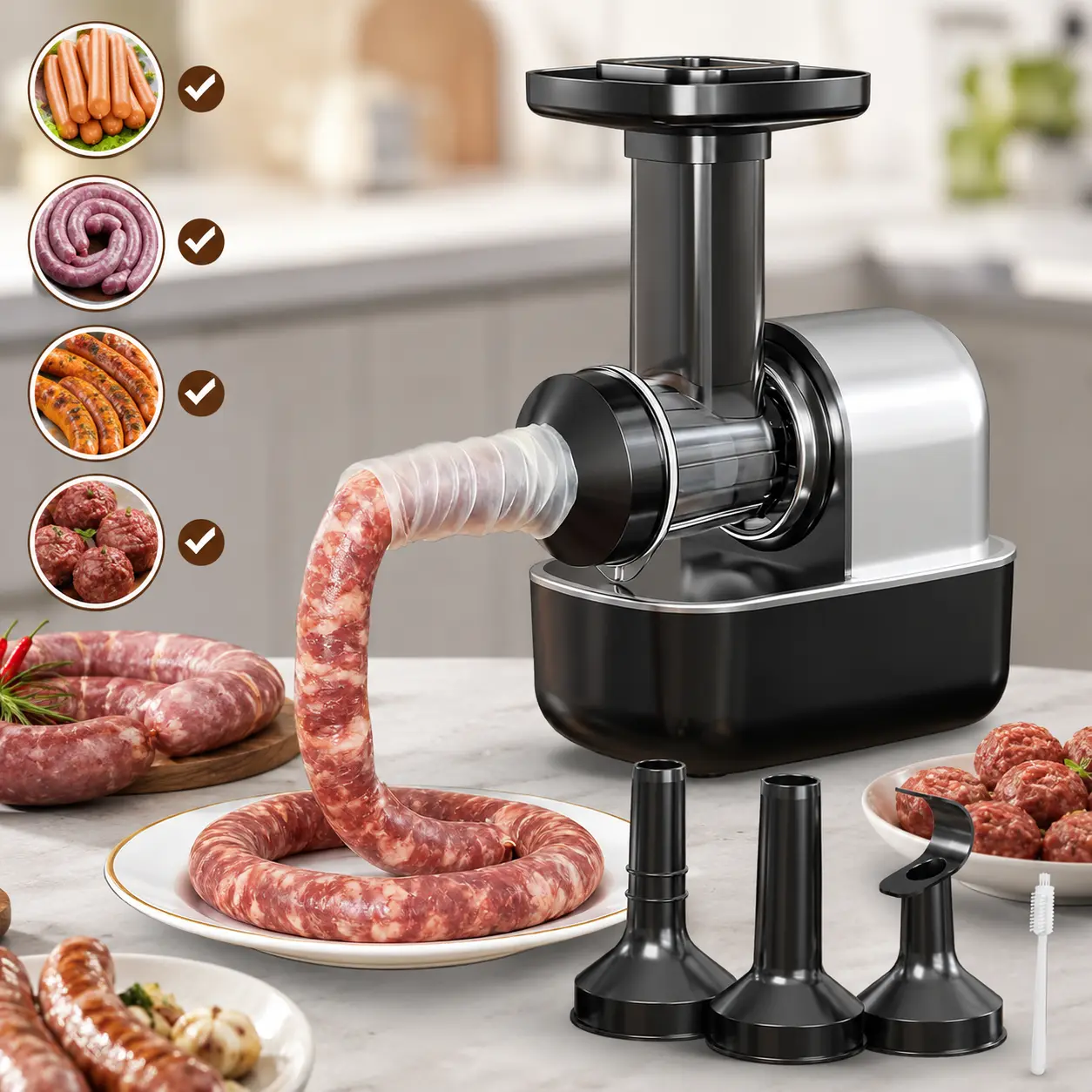 Electric Sausage Stuffer - Kitchen Homemade Maker with 3 Stuffing Tubes and 1 Meatball Tube, Suitable for Kitchens, Dining Room, Makes Delicious Sausages and Meatballs of Various Sizes