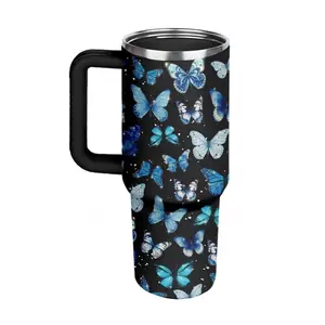 Mothers Day Gift For Women 40oz Stainless Steel Insulated Tumbler With Handle And Straw Sparkly Blue Butterfly Print Iced Coffee Travel Mug For Daily Hydration