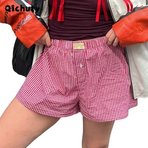 Trendy basic  summer Women’s Plaid Print Shorts Elastic Low Waist Button Front Lounge Shorts Boxers Streetwear