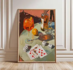 Cocktail Dice & Cards Wall Art, Retro Bar Poster with Aperol Drink, Gambling Table Still Life Print, Vintage Pub Decor