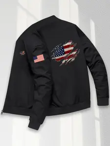 Men's Casual Jacket, American Flag Style Print, Trendy Fall Winter High-End Youth Fashion, Stand Collar, Versatile Outerwear