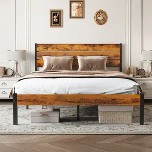 Sweetcrispy Industrial Bed Frame - Full/Queen Bed Frame with Wooden Plank Headboard, No Box Spring Needed, Noise-Free, Bed Frame Full Bed