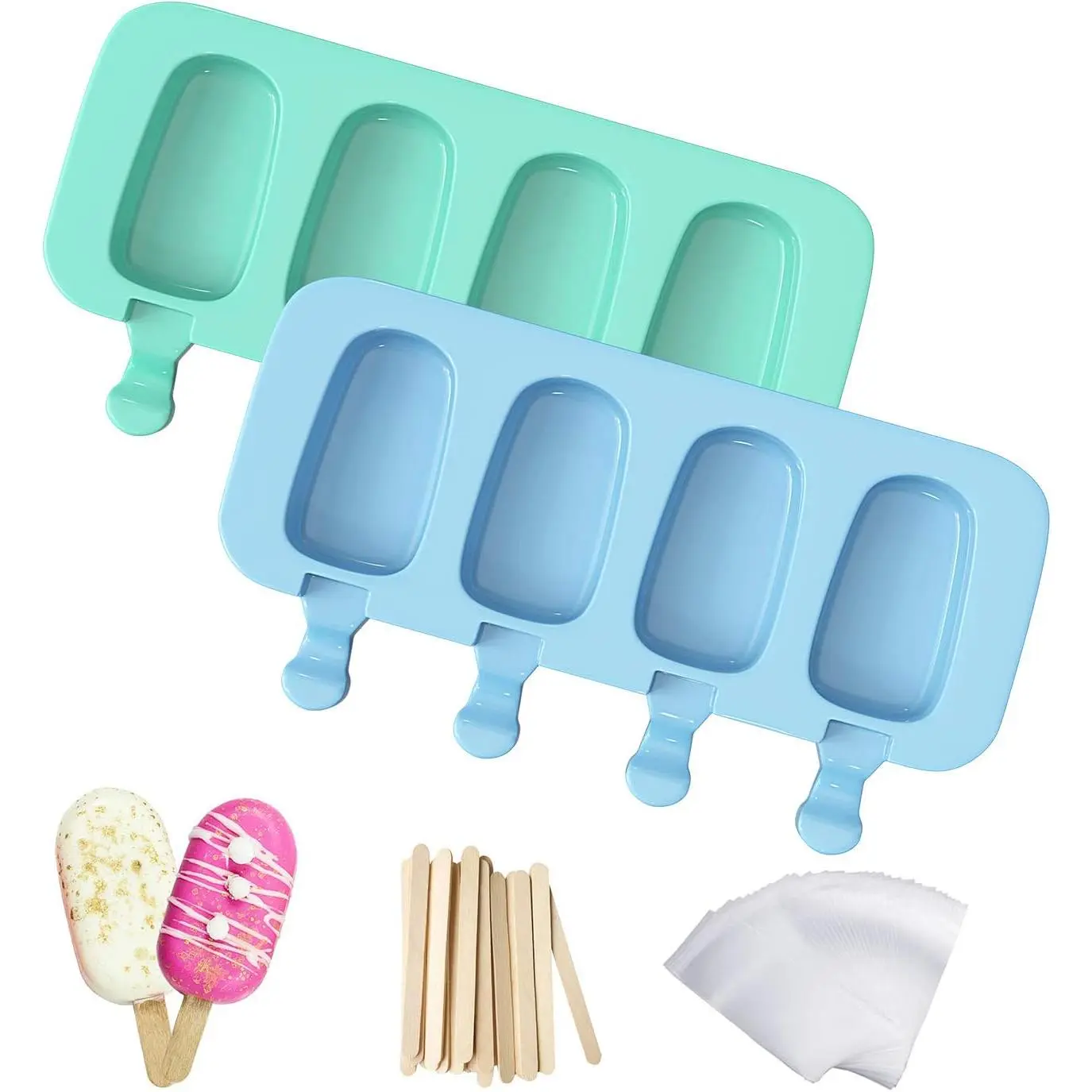 Cone Mold, 2-Pack Homemade Cake Stick Mold, Reusable Silicone Popsicle Cream Stick Mold, Includes 50 Wooden Sticks and 50 Bags