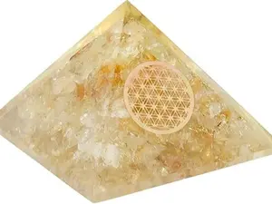 Citrine Flower of Life Reiki Pyramid Decor, Handmade Natural Stones Crystal Figurine Chakra Healing Crystals Copper Spiral, Table Desk Accessory