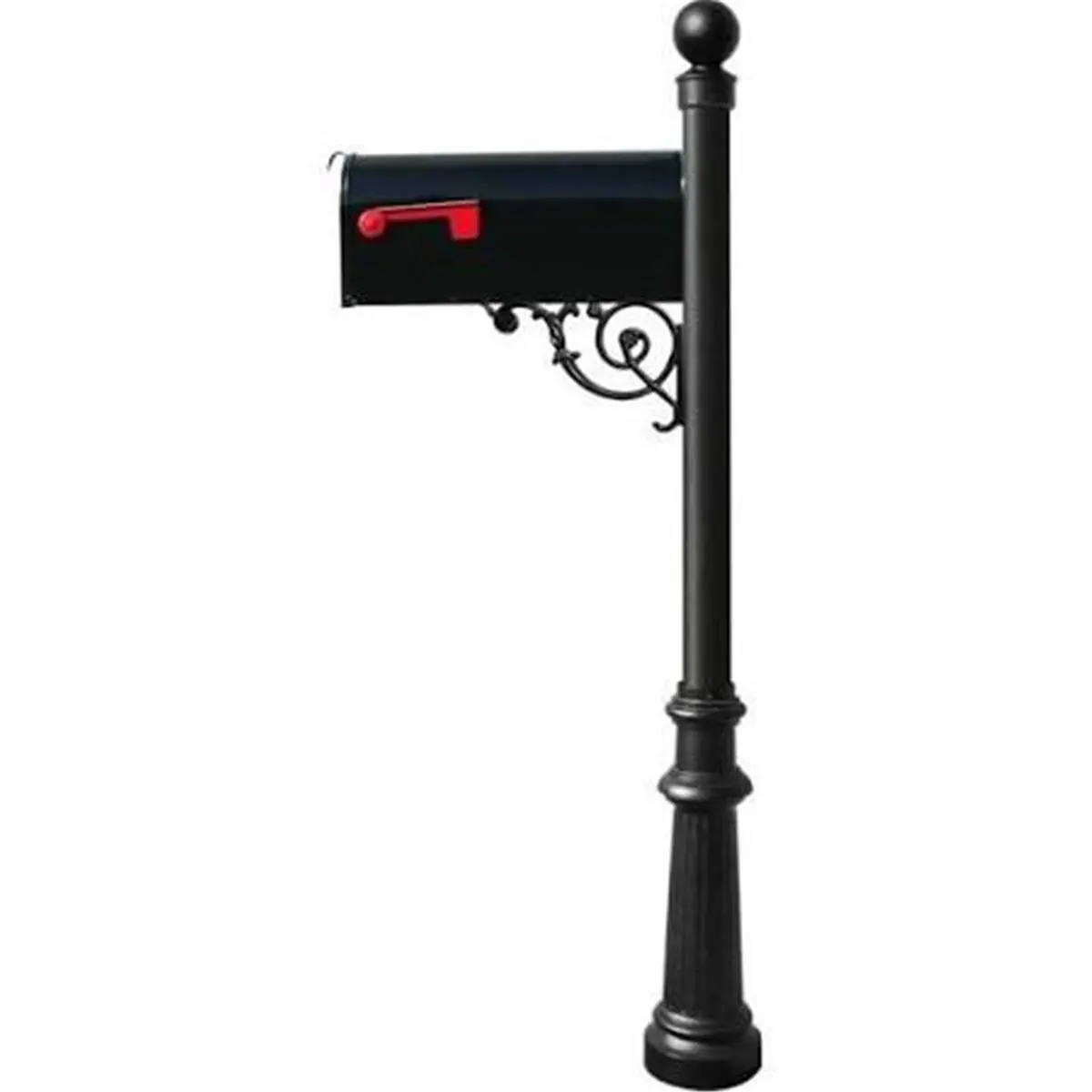 212 MAIN Lewiston E1 Economy Mailbox System - Black Aluminum Mailbox with Fluted Base, Ball Finial, Weatherproof Design