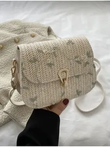 Women's Embroidered Straw Saddle Bag Mini Woven Crossbody Bag with Buckle Decoration Flap Wallet Valentine's Day Gift Summer Vacation Beach Bag Fashion Beach Accessories for Women 2024 New Arrival