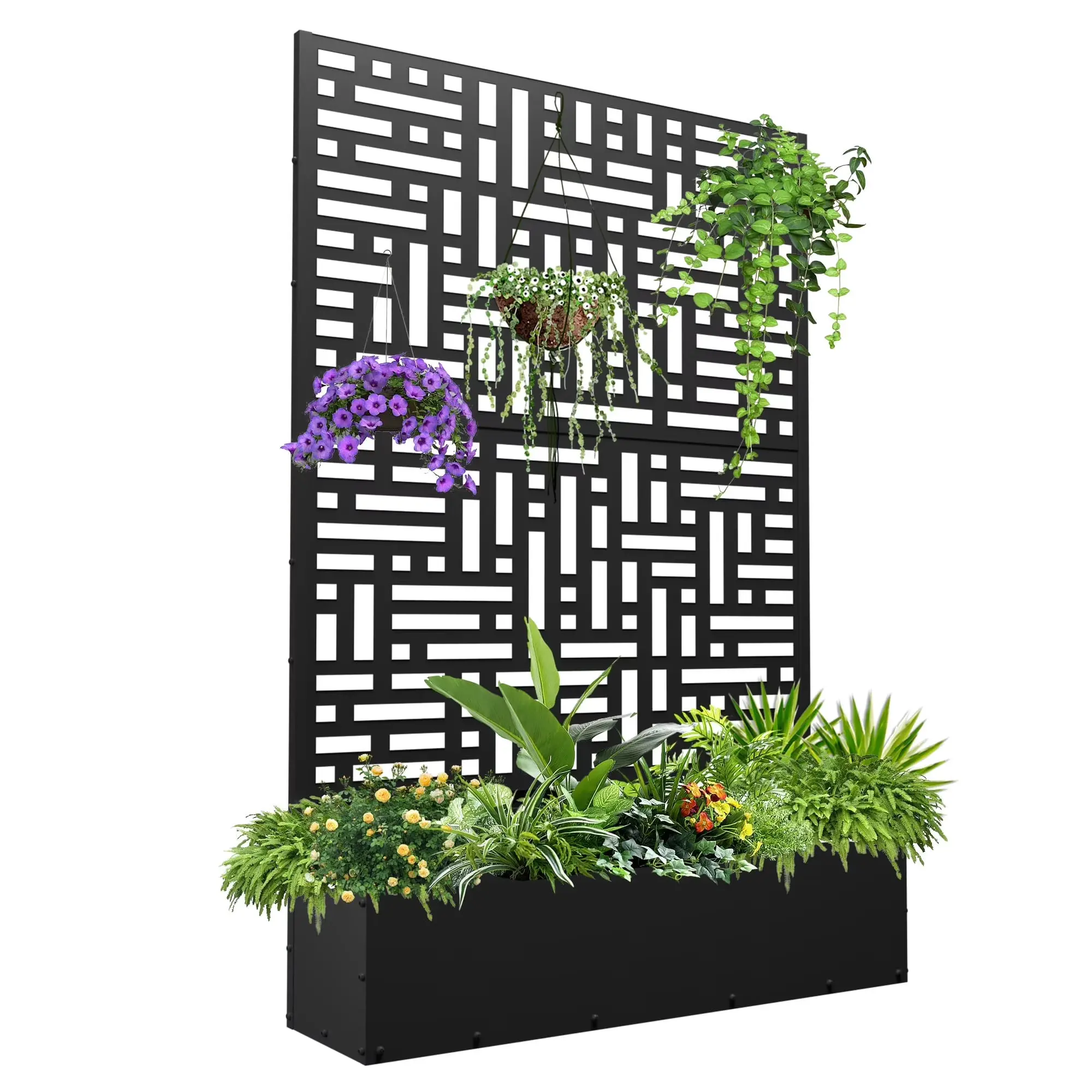 FOOWIN 71''H Freestanding Metal Planter with Trellis, Outdoor Raised Garden Bed for Climbing Plants, Trellis Planter Box with Drainage Holes, Outdoor Privacy Screen for Outdoor Garden Bed