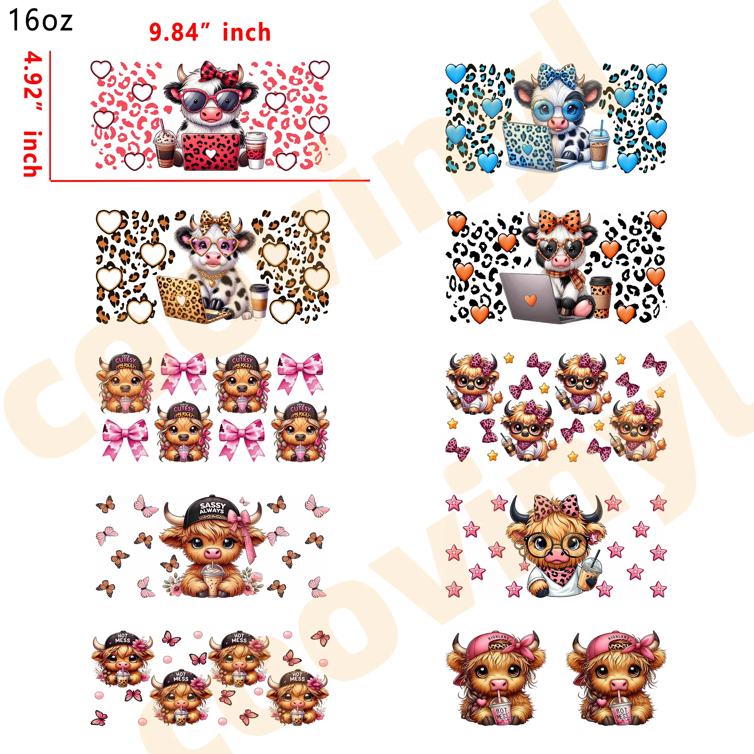(J2) Holographic 10pcs cow UV DTF Cup Wraps for 16OZ tumblers Waterproof Acrylic Wraps for Cups Glasses &Smooth Objects Vivid Colors Strong Adhesion CustomizableStickers Decal Sticker Art Crafts Kit