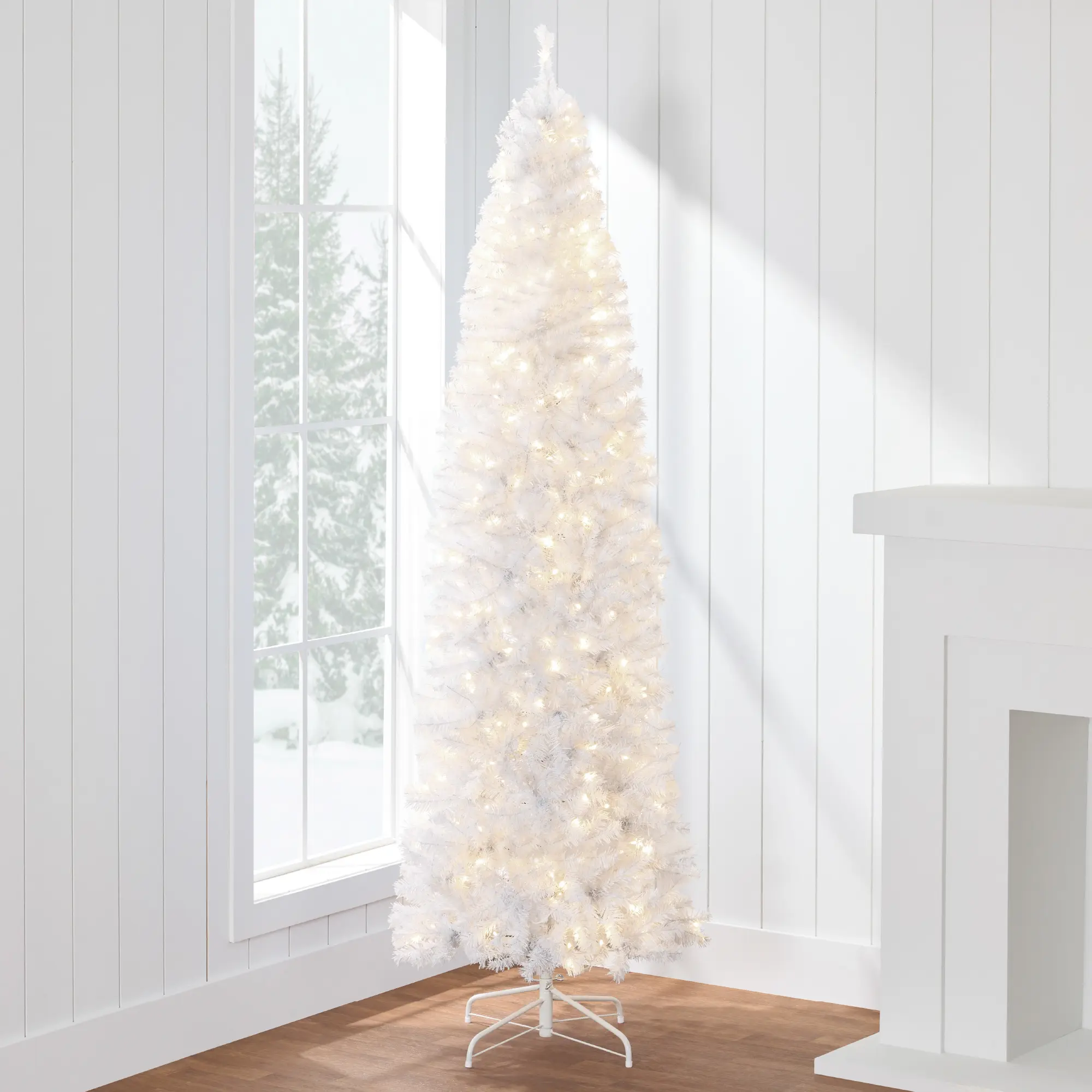 Best Choice Products Pre-Lit White Pencil Christmas Tree w/ Foldable Base, Incandescent Lights