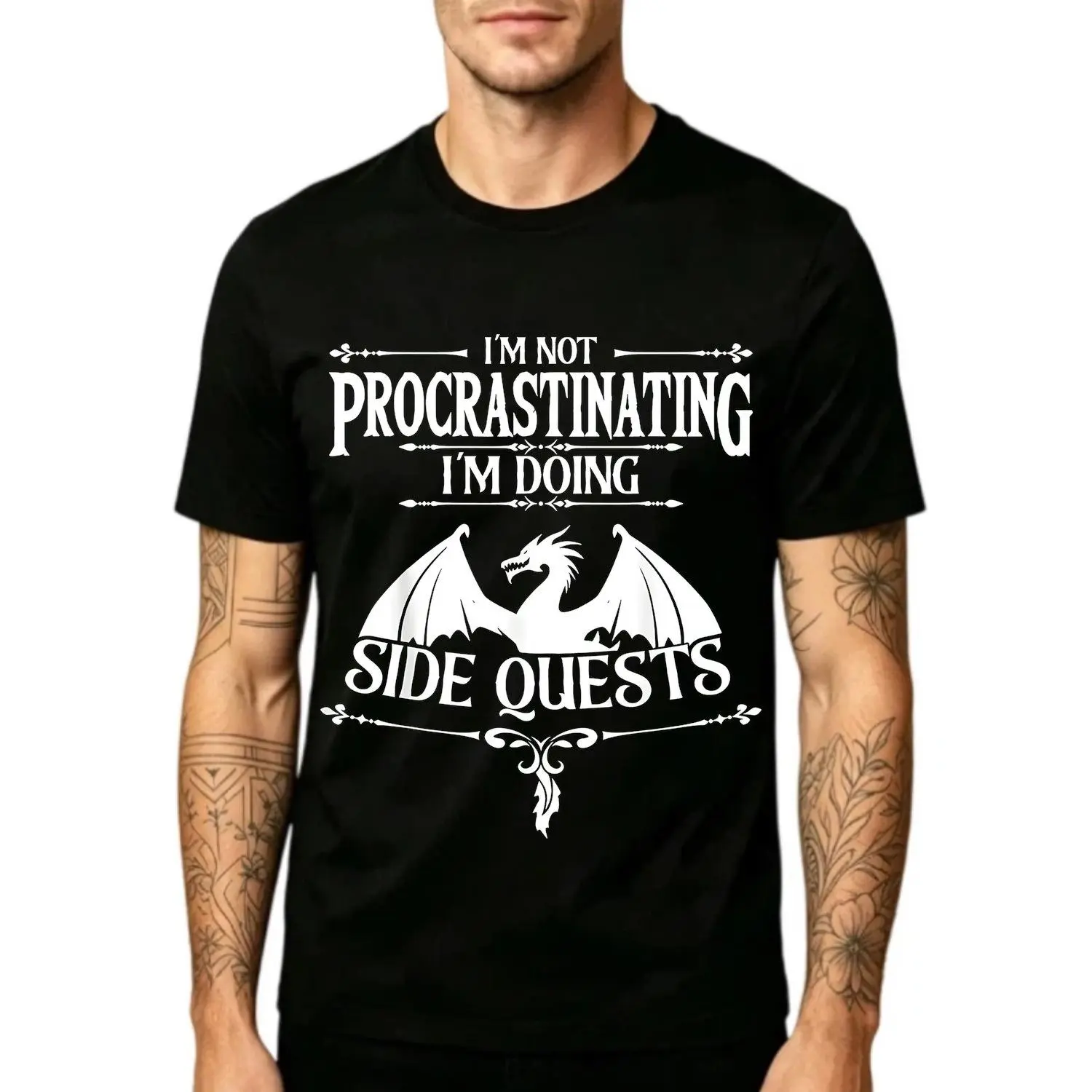 Men's T-shirts Vibrant Dragon Graphic Design Casual Short Sleeve Crew Neck Shirt with Humorous "Not Procrastinating Doing Side Quests" Slogan Regular Fit Soft Comfortable Style Ideal for Summer Everyday Wear and Gaming Enthusiasts