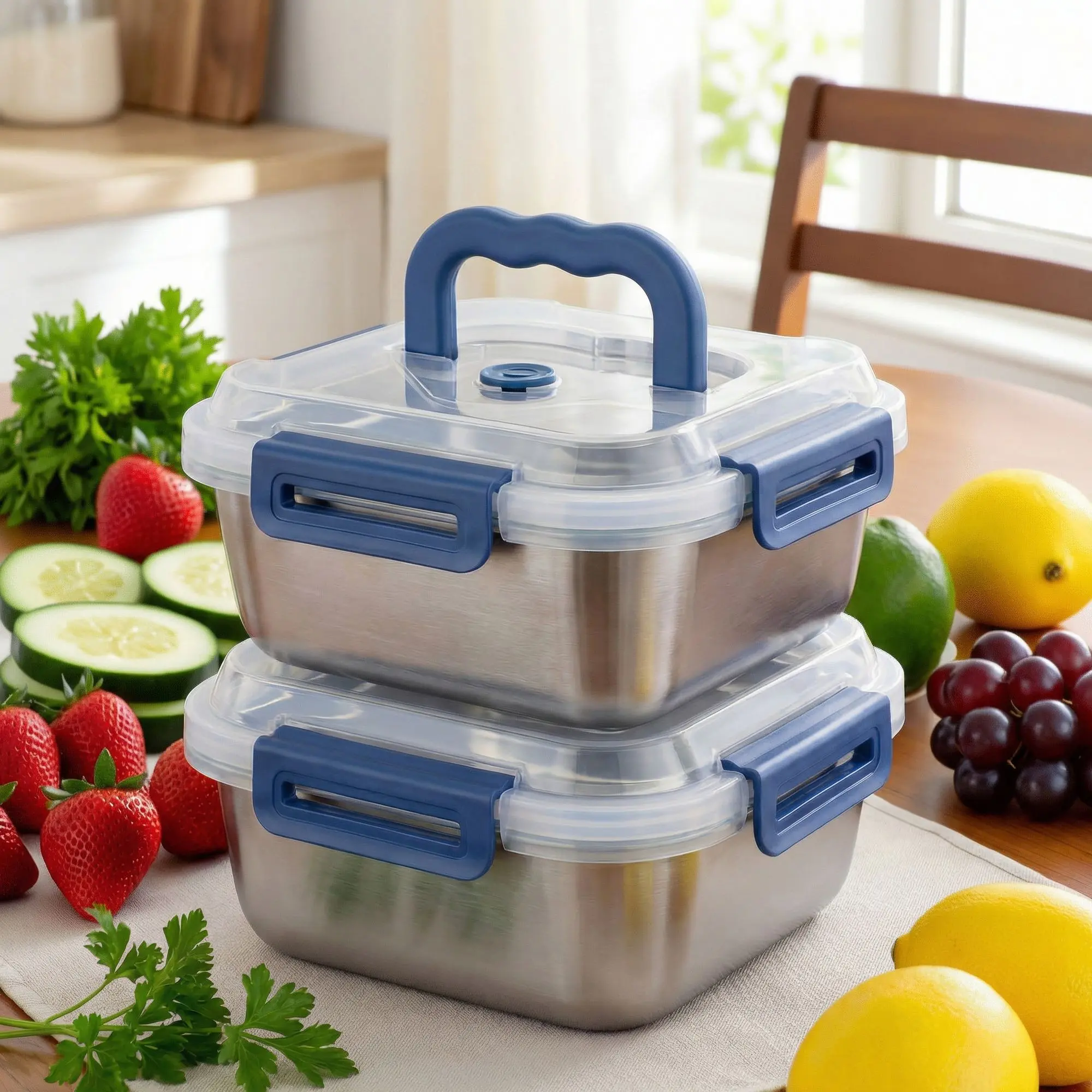 Yakimoto 2/4/PCS Extra-Large Stainless Steel Food Storage Containers With Blue Lids - Deep Design, Airtight Seal, Perfect For Refrigerator Organization, Meal Prep, Lunch Boxes & Kitchen Pantry