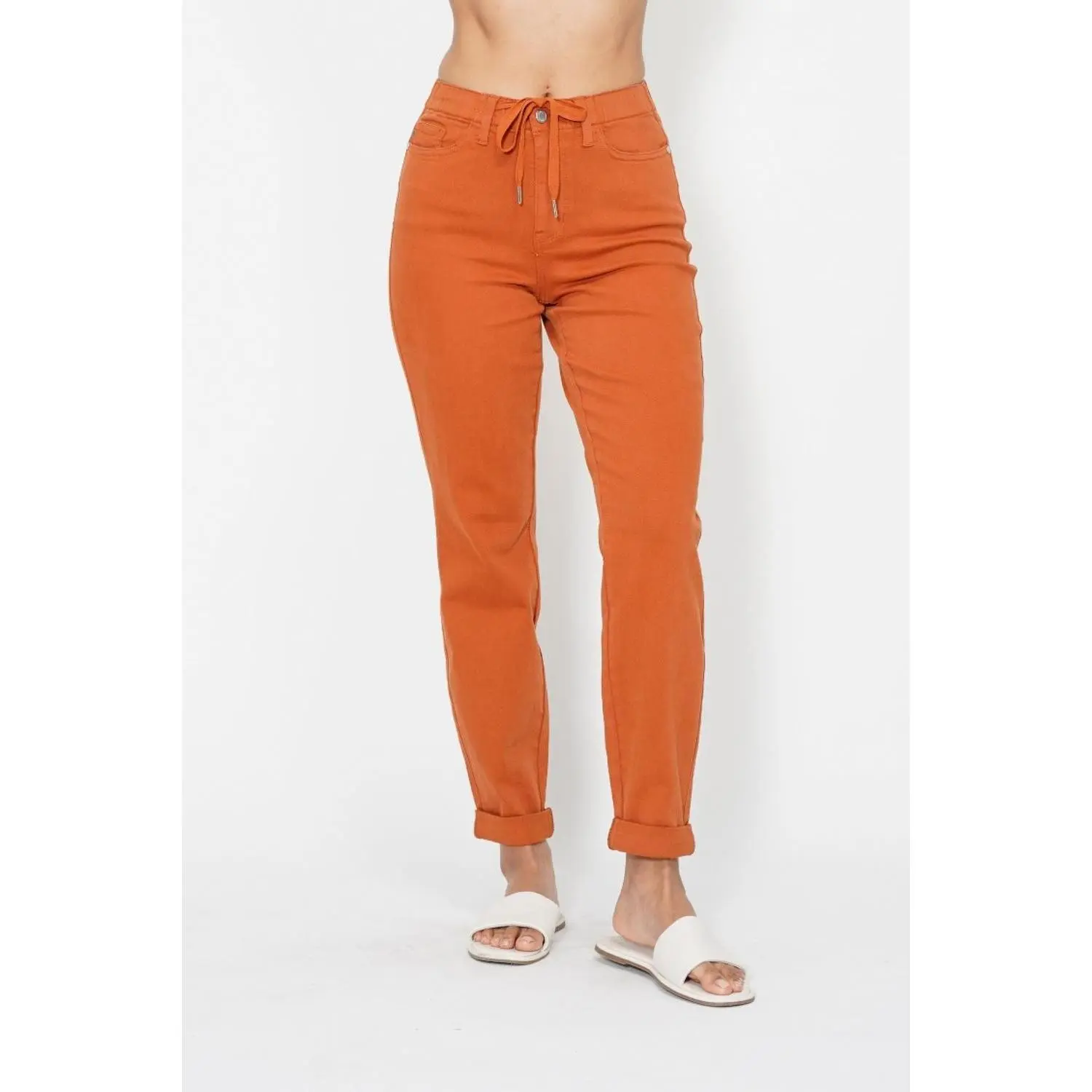 Judy Blue Auburn Orange High Waist Jogger Jeans | Slimming Cropped Style in Stretch Denim with Elastane | Plus Size Basics, 14W, Multi-Size, Relaxed Hip, Spandex, Fabric, Cotton, Garment, Soft, Cuffed, Bottom, Double Cuffs, Pants