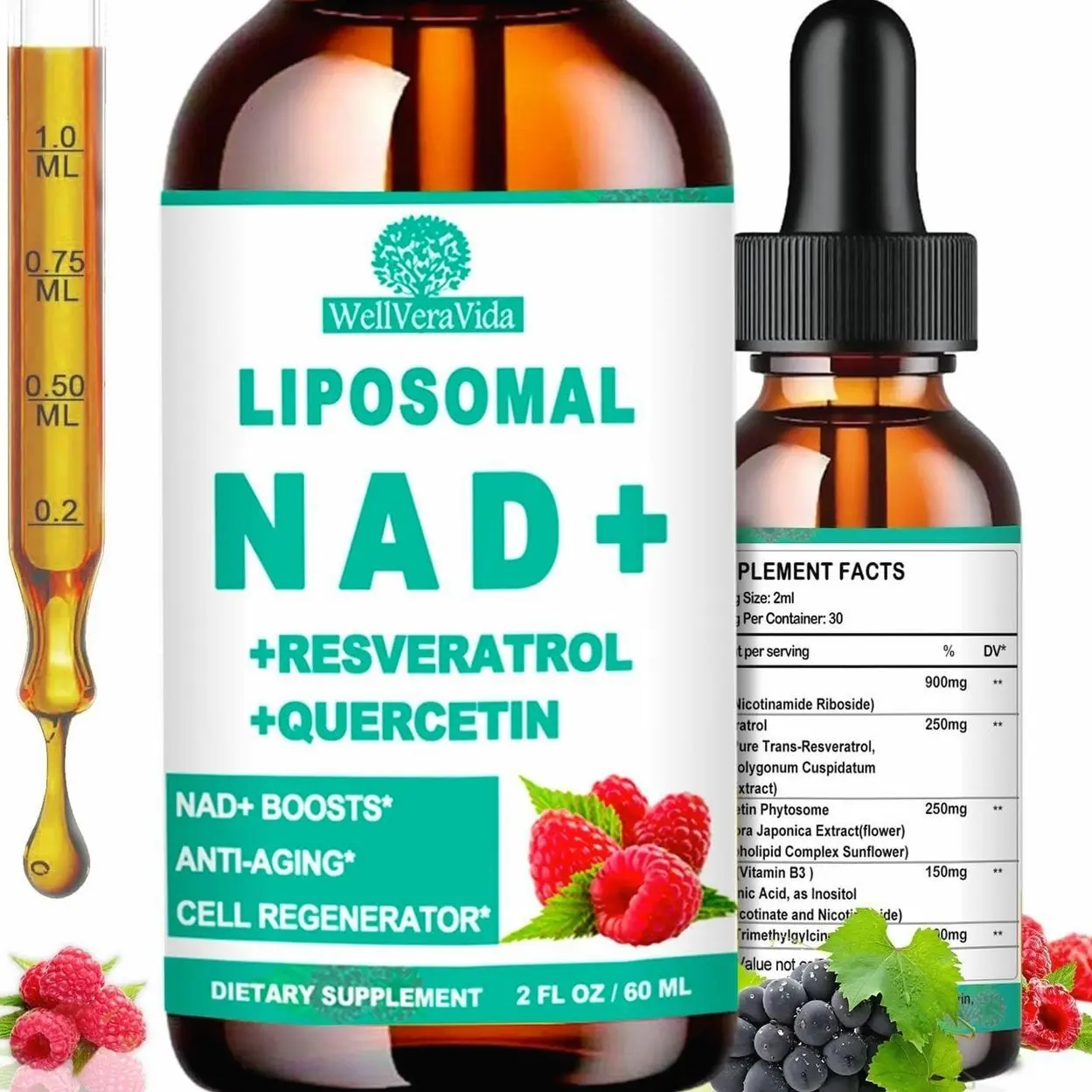 NAD Supplements for Women & Men, Liposomal NAD Nicotinamide Riboside Resveratrol 900mg, TMG, Quercetin, Vitamin B3, Organic Liquid NAD Resveratrol Supplement for Longevity, Energy, Anti-Aging, Focus