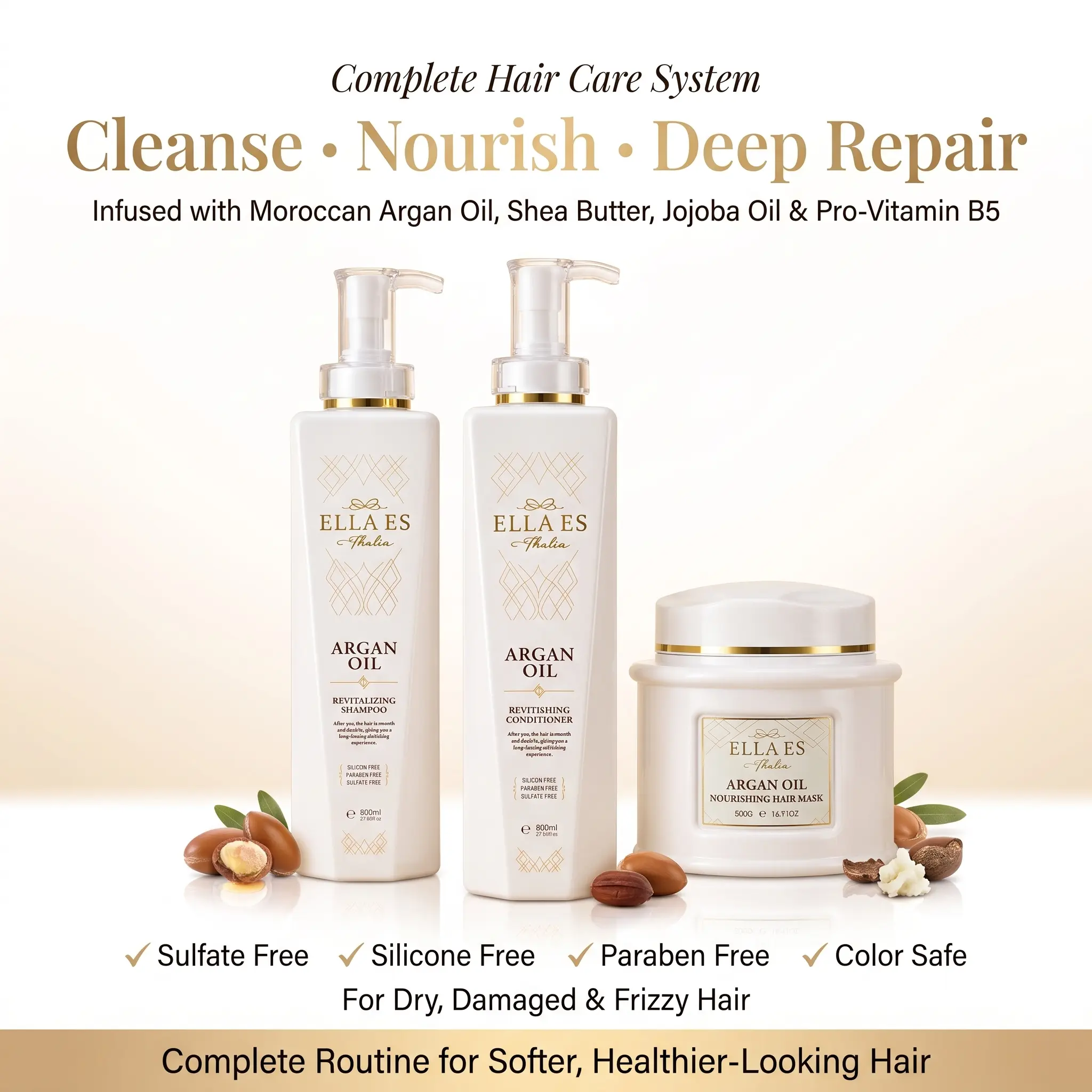 Ella Es Thalia Complete Hair Care System | Argan Oil Shampoo, Conditioner & Hair Mask Set | Deep Hydration & Repair | Sulfate Free | 800ml + 800ml + 500g