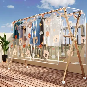 Outdoor Clothes Drying Cover - and Bird-Proof, Transparent Space Bear Pattern Clothes Cover for Double Pole Balcony Rack, EVA Material, Dustproof Cover