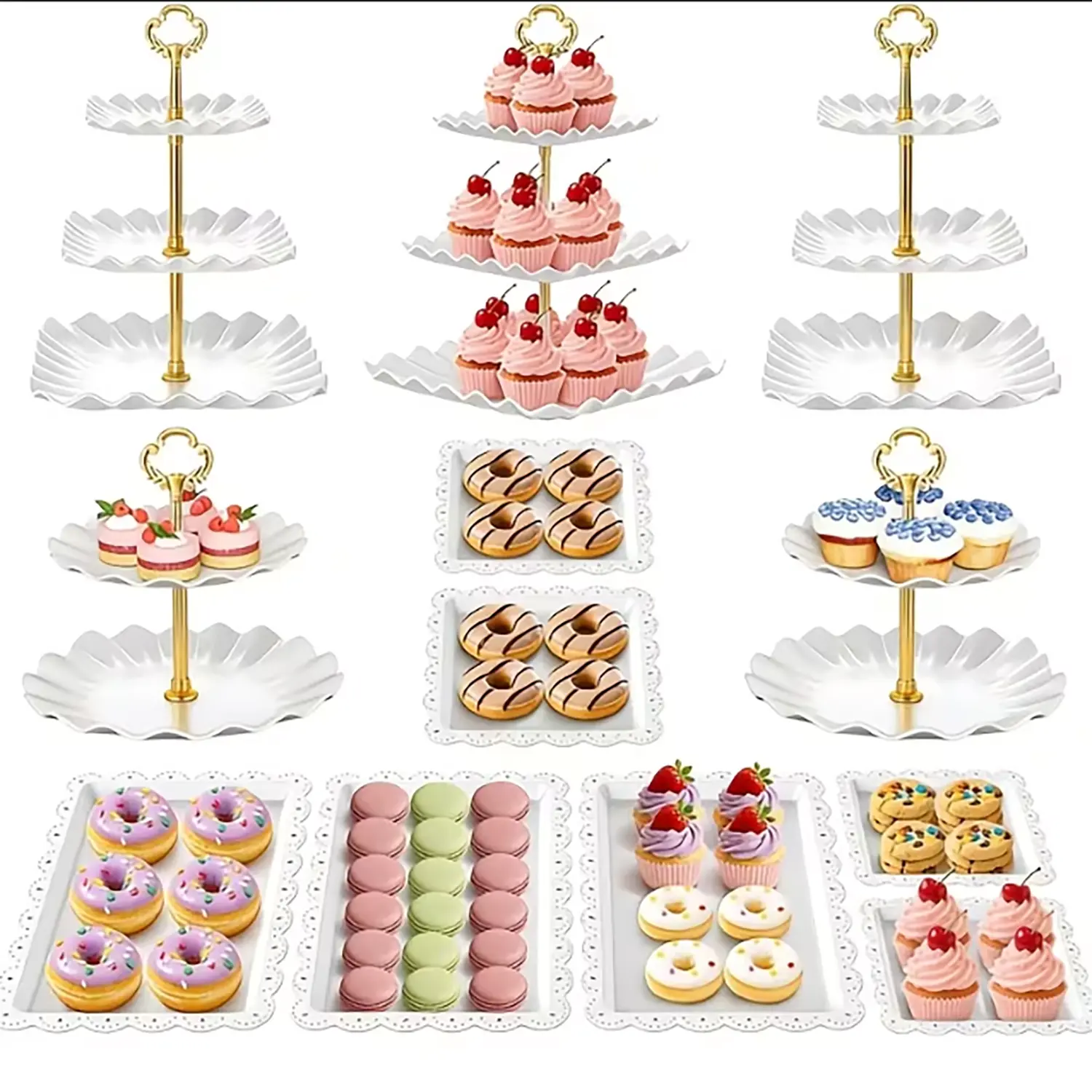12Pcs Dessert Table Display Set, Cupcake Stand, 3-Tier Cup Cake Tower Stands & 2-Tiered Cake Holder, Treat Food Platters Serving Trays for Tea Party, Baby Shower, Bridal, Wedding, Birthday, Plastic