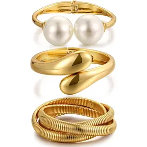 Chunky Gold Bangle Bracelets for Women, Dainty 14k Gold Plated Big Stackable Bangles Set, Trendy Cuff Bracelet Stack Fashion Jewelry Gifts