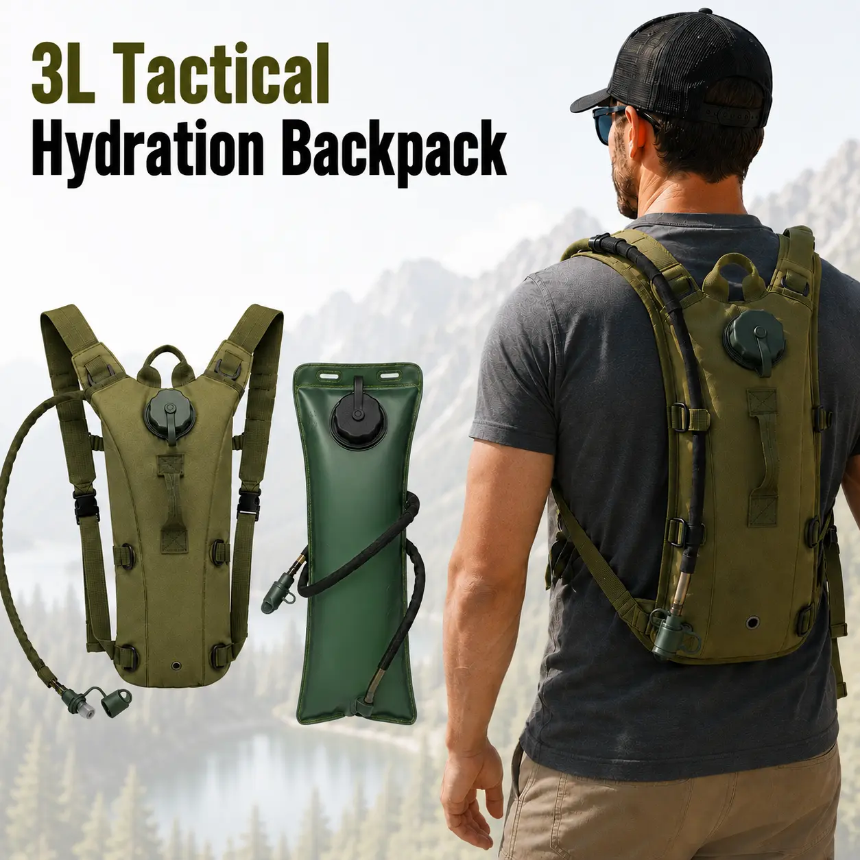 3L Tactical Hydration Backpack with Water Bladder, Military Hydration Pack for Hiking Camping Cycling Running Hunting, Lightweight Outdoor Water Backpack, Tactical Gear Hydration System