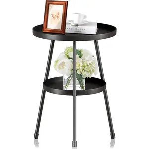 Round Metal Side Table Small End Table for Indoor Outdoor, Mid Century Modern Decor, Simple Circle Accent Table for Living Room Bedroom Bathroom Office All Matte Black