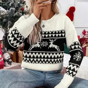 Reindeer Fair Isle Sweater – Classic black and white knit with reindeer and snowflake patterns. Cozy and festive for the winter season-D240823
