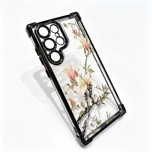 For Samsung Galaxy S22/S23/S24/S25/S26 FE/Plus/Ultra, Aesthetic Magnolia Floral Clear Phone Case, Soft Comfortable Skin-Friendly Grip, Black Electroplated Four-Corner Airbag Shockproof Anti-Yellow Transparent Protective Case