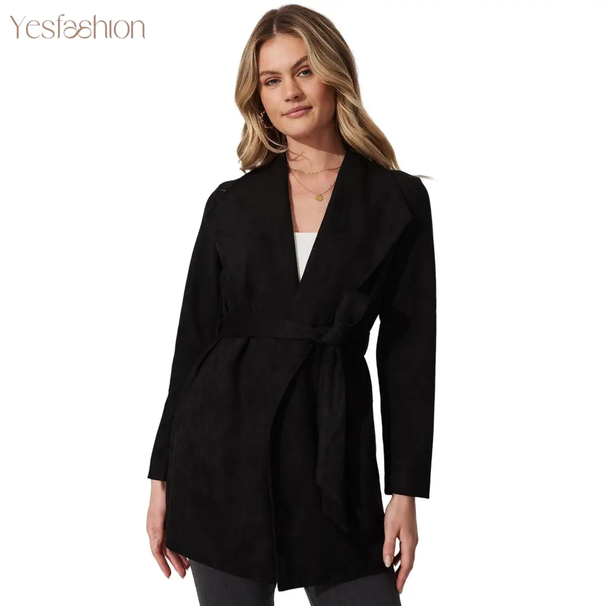 YESFASHION Women's Faux Suede Waterfall Lapel Jacket - Long Sleeve, Detachable Waist Belt, Belted Waist, Mid-Length, Open Front Casual Coat, Polyester Blend (95% Polyester, 5% Elastane), Multi-Size, Cold Wash XYZ