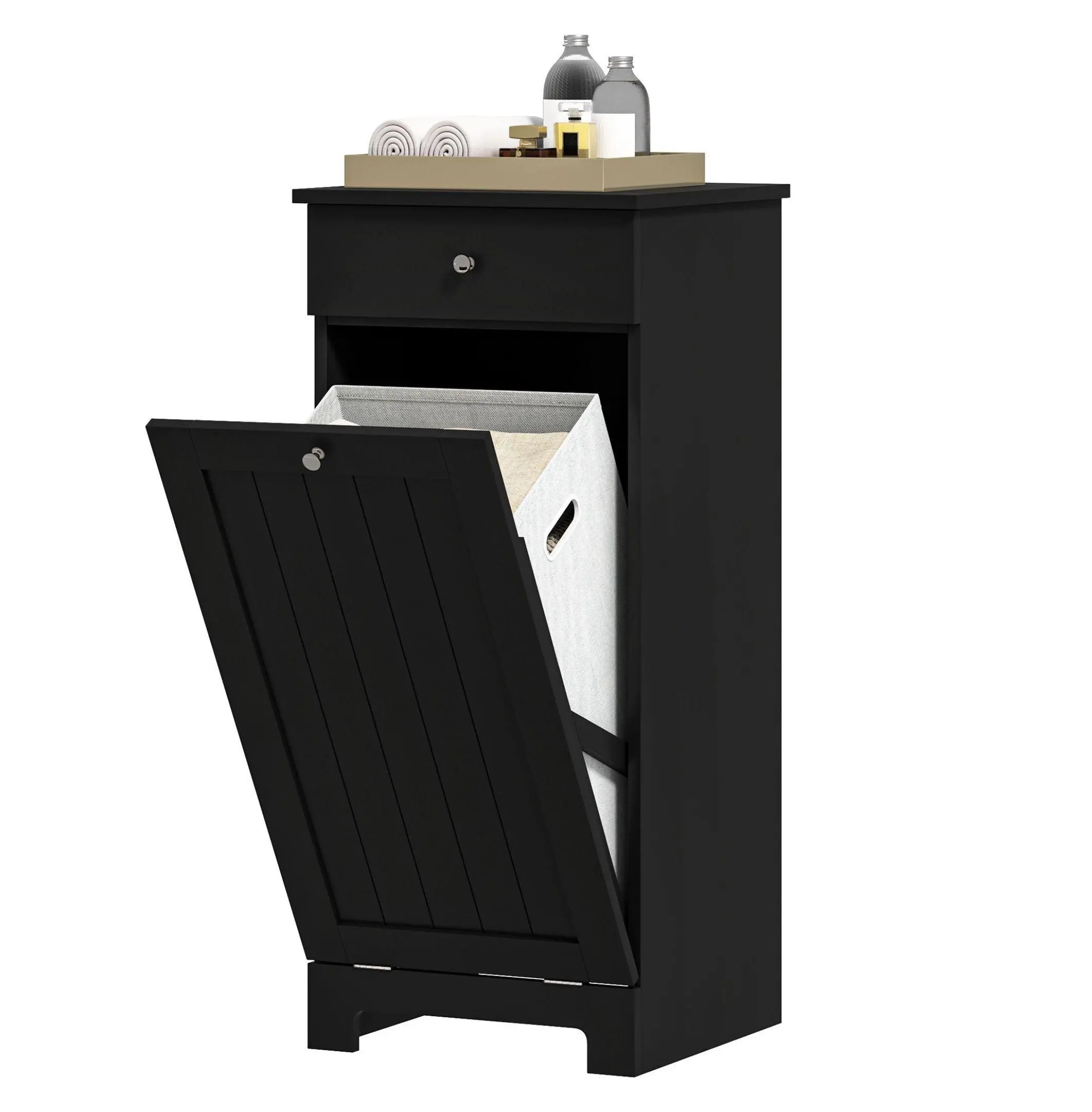Laundry Hamper Cabinet, Black - Tilt Out Hamper & Drawer, Modern Laundry Storage, Space Saving Hamper Cabinet for Bathroom, Bedroom, 15.7"W x 35.4"H Default Title