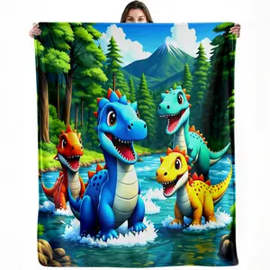 Cartoon dinosaur blanket — cute dinosaur group & forest lake background design
