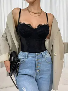 Women's Lace Accents Spaghetti Strap One-Piece Swimsuit, Sleeveless Square Neck Unique Neckline Tank Top, Elegant Comfortable Slim Fit Design, All-Season Wear,Ideal for dates and Valentine's Day,gift