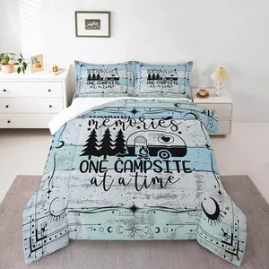 Camper Decorations Bedding Set,Boys Happy Camping Comforter Set,Boho Sun Moon Down Comforter for Kids Teens,Vintage Wooden Planks Quilt