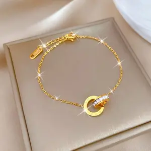 Women's Stainless Steel Double Ring Bracelet - Roman Numeral Design, Zircon Decorated, Suitable for Daily Wear