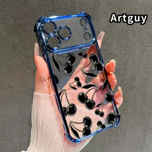Black Cherry Pattern Phone Case for iPhone 17 Pro Max 16 15 Plus Air 14 13 12 11 E Electroplated Cover with Airbag Shockproof Soft Silicone Casing