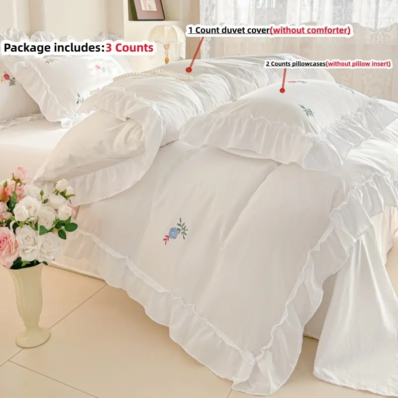 3pcs Korean Ruffle Embroidered Flower Decorative Bedding Set, Includes 1 duvet cover and 2 Pillowcases, Zipper Design, Soft Fabric, All Seasons, Floral Bedding Set, Soft Bedding Sets
