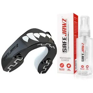 SafeJawz EXTRO Dual Layer Sports Mouth Guard and Disinfectant Spray Bundle for Basketball, Football, MMA, Hockey, Wrestling - Adult - Black Fangz
