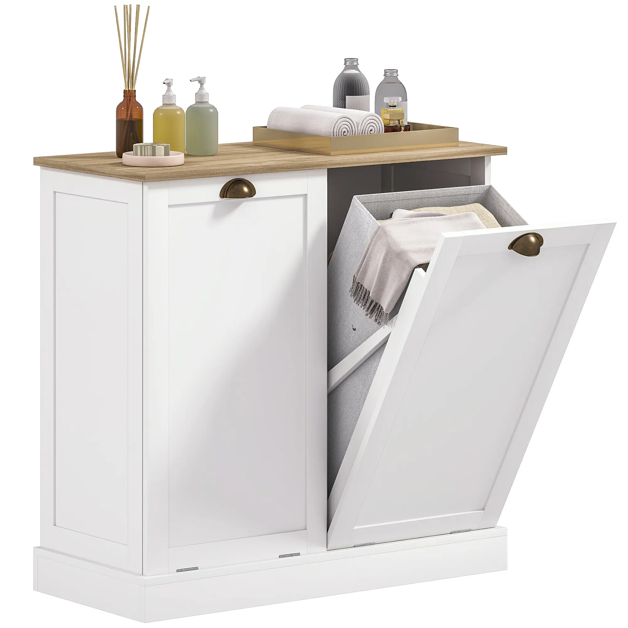 HOMCOM Double Tilt-Out Laundry Hamper Cabinet with 2 Removable Basket, Modern Bathroom Storage Cabinet with Shaker Doors and Handles, White