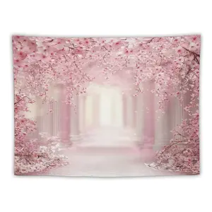 Dreamy Cherry Blossom Archway Tapestry Pink Cherry Blossom Branches with Soft Pink Tones Light - colored Stone Path and Subtle Light Shadows for Peaceful Romantic Vibe